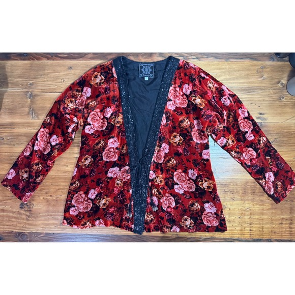 Johnny Was Women's Billie Short Kimono Velvet Floral Open Front Jacket Red Small - Picture 4 of 11